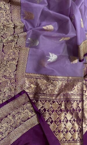 Banarasi Kora Saree Mashru Border Design Beautiful Floral Buti Colour Lavender
