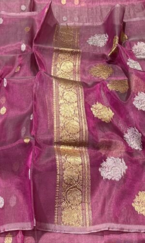 Banarasi Handloom Silk Tissue Saree in Rani Pink