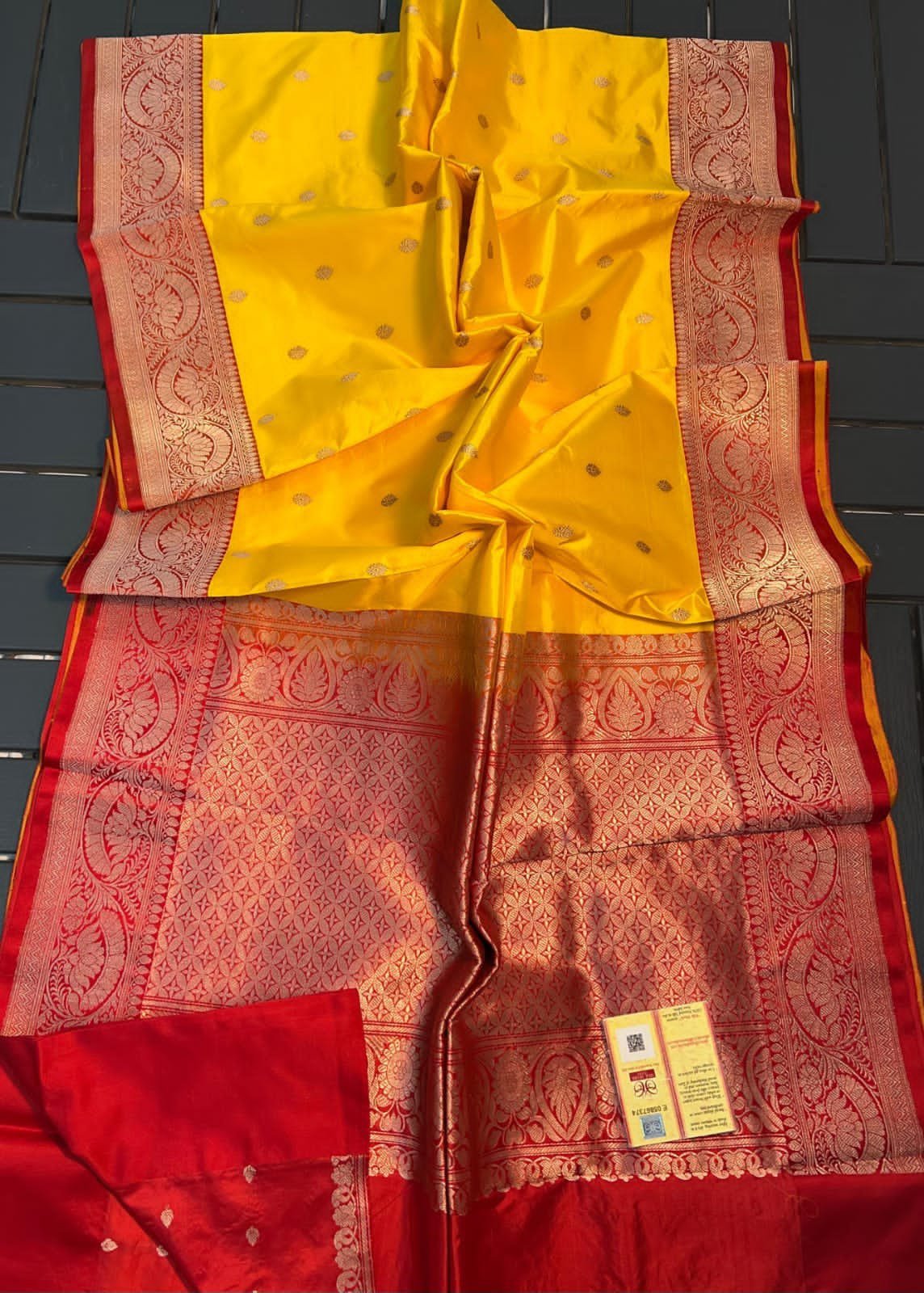 Vibrant Yellow & Red Pure Katan Silk Saree – Royal Banarasi Zari Elegance