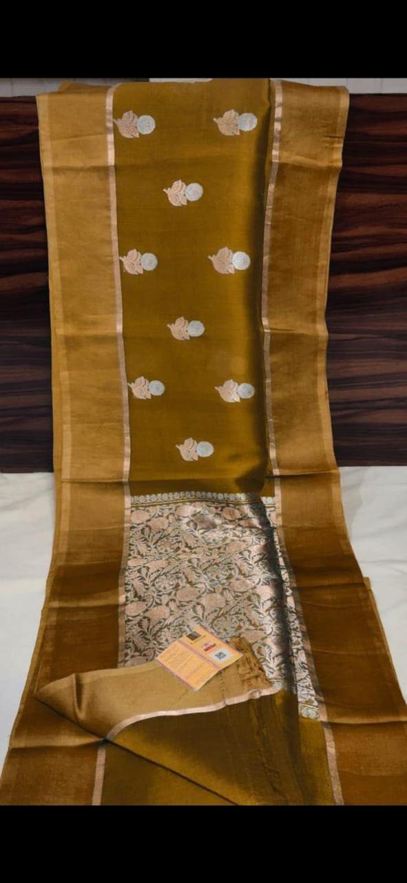 Antique Mustard Pure Kora Organza Saree – Royal Charm in Subtle Tones