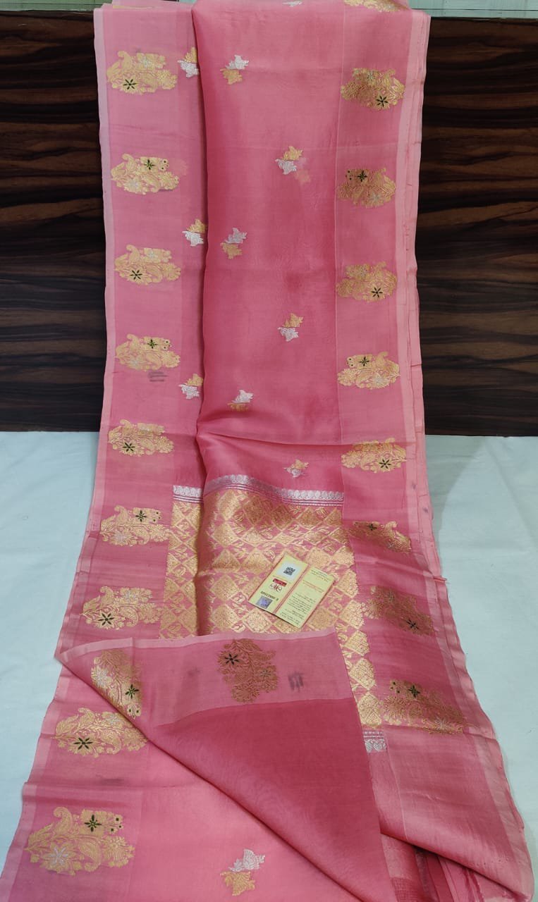 Peach Pink Pure Kora Organza Saree – Subtle Grace & Royal Zari Elegance