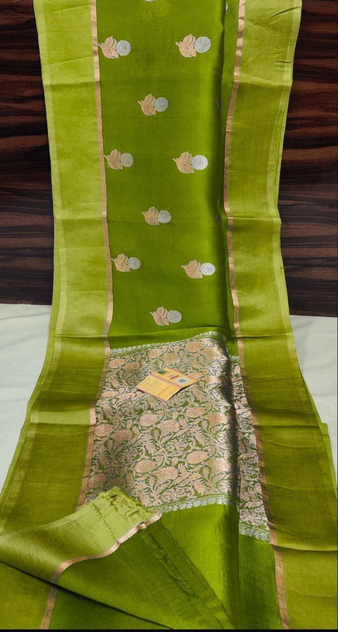 Parrot Green Pure Kora Organza Saree – Vibrance of Grace