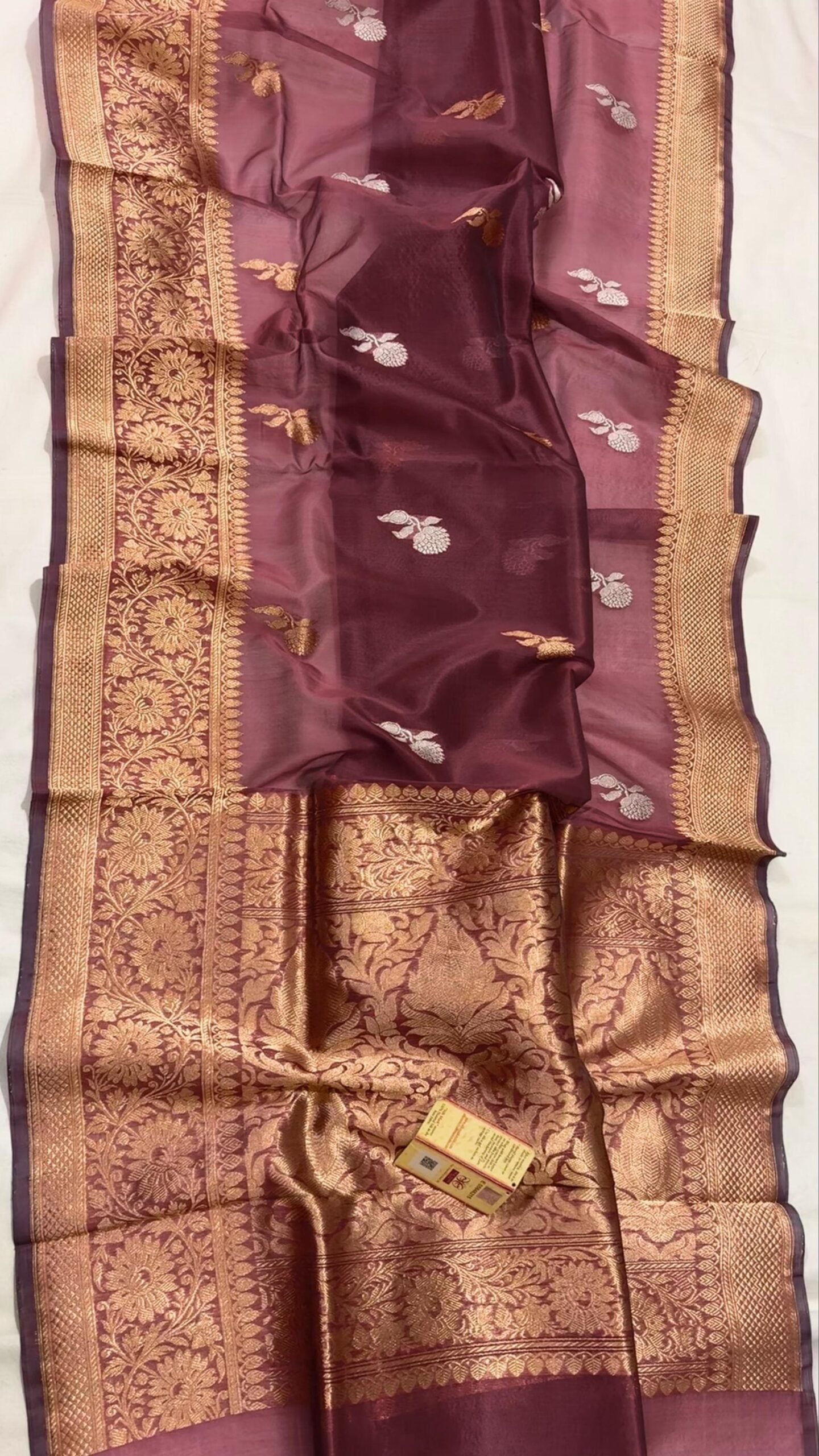 Majestic Maroon – Pure Kora Silk Saree with Gold Floral Zari Border