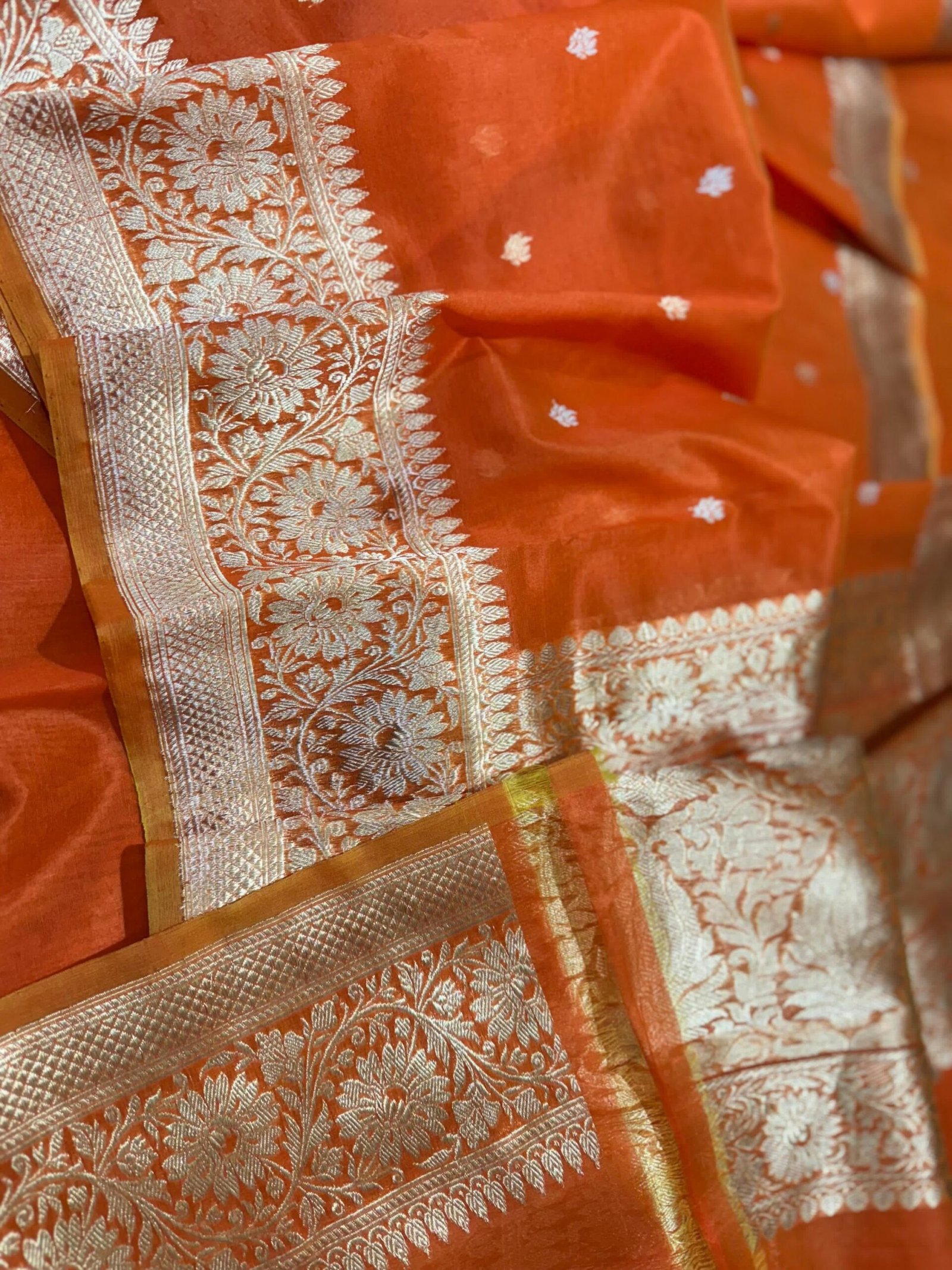 Sunset Bloom – Pure Kora Silk Saree with Silver Floral Zari Border