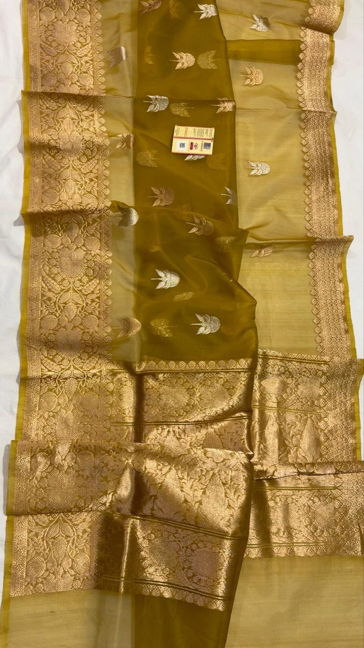Golden Grace – Pure Kora Silk Saree with Rich Zari Weave in Mustard Olive