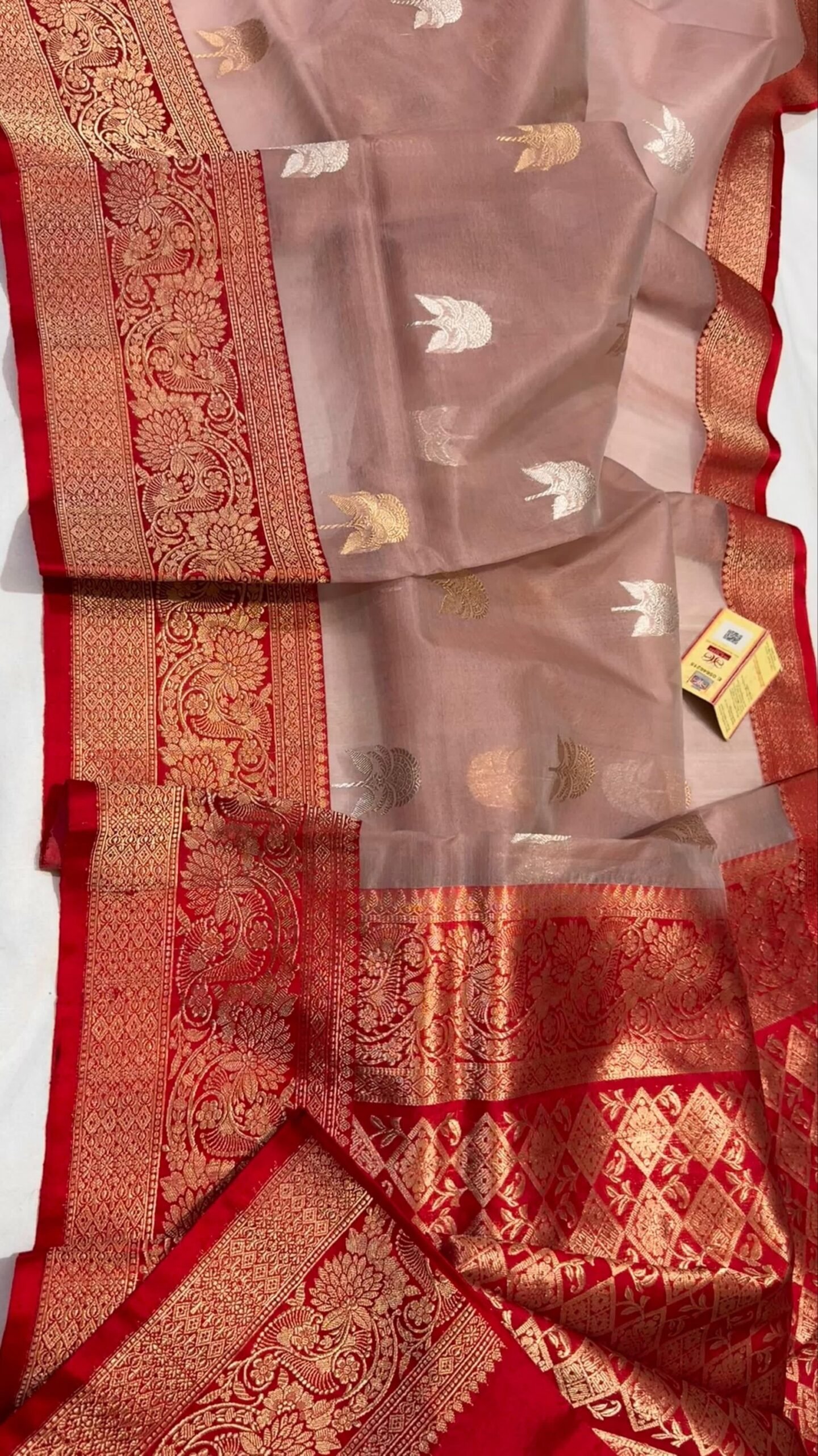 Royal Radiance – Pure Kora Silk Saree in Dusty Pink with Red Golden Zari Border