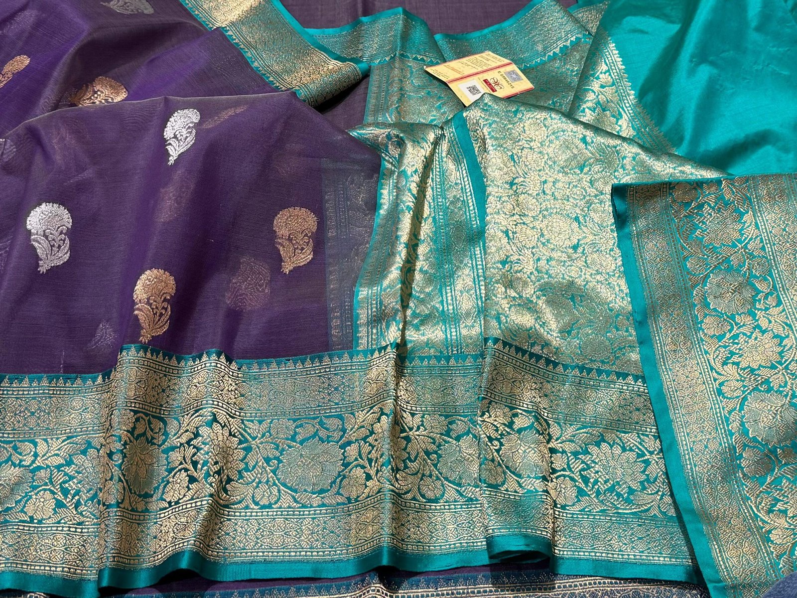 Majestic Radiance – Purple & Teal Pure Kora Silk Saree with Mashru Border