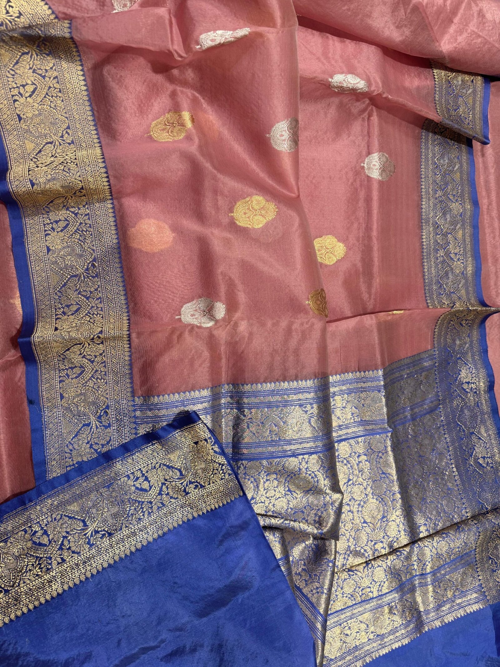 Royal Romance – Pure Kora Silk Saree in Dusty Rose with Royal Blue Mashru Border