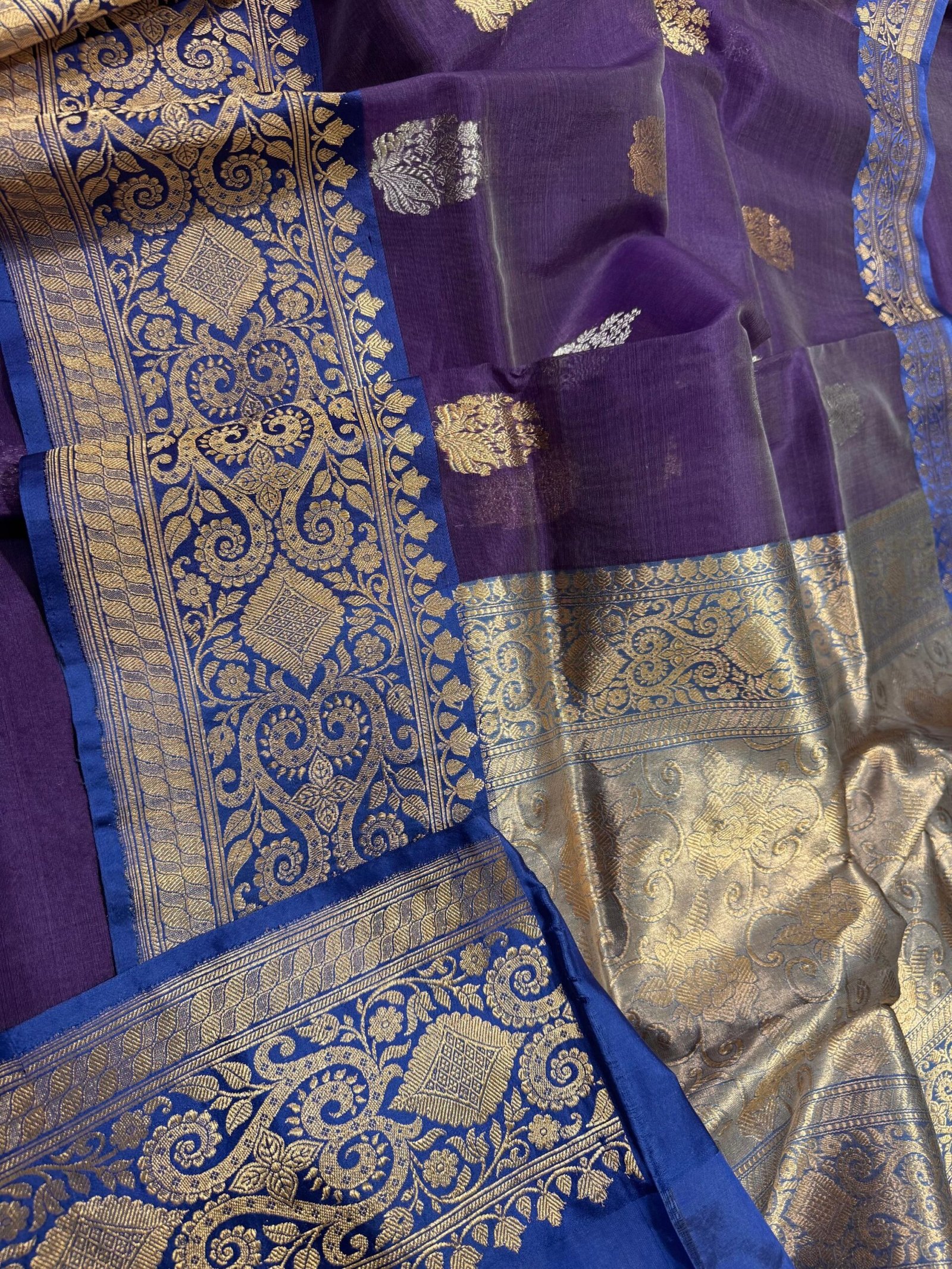 Majestic Glow – Pure Kora Silk Saree in Deep Purple with Royal Blue Mashru Border