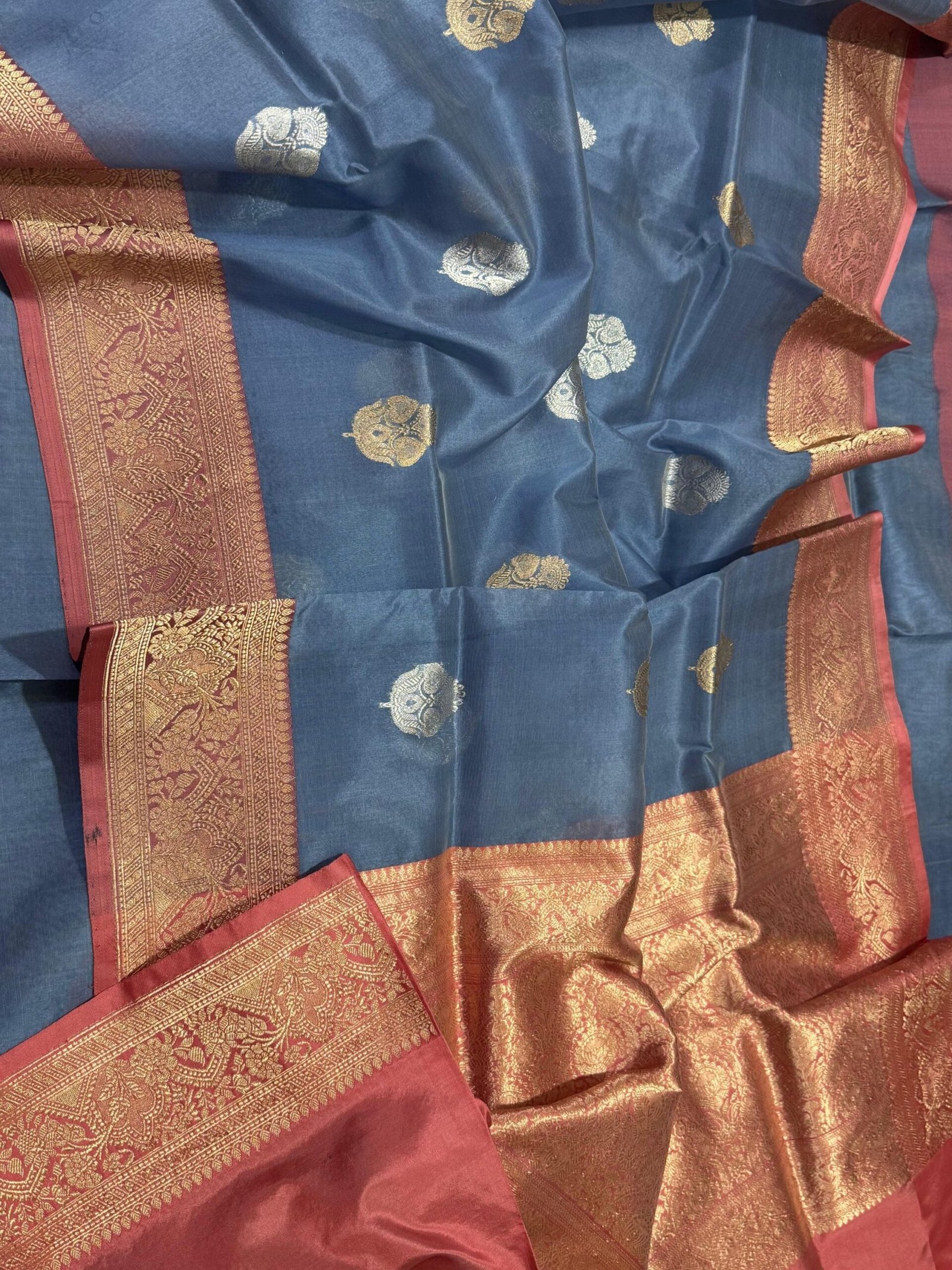 Steel Charm – Pure Kora Silk Saree with Maroon Mashru Border