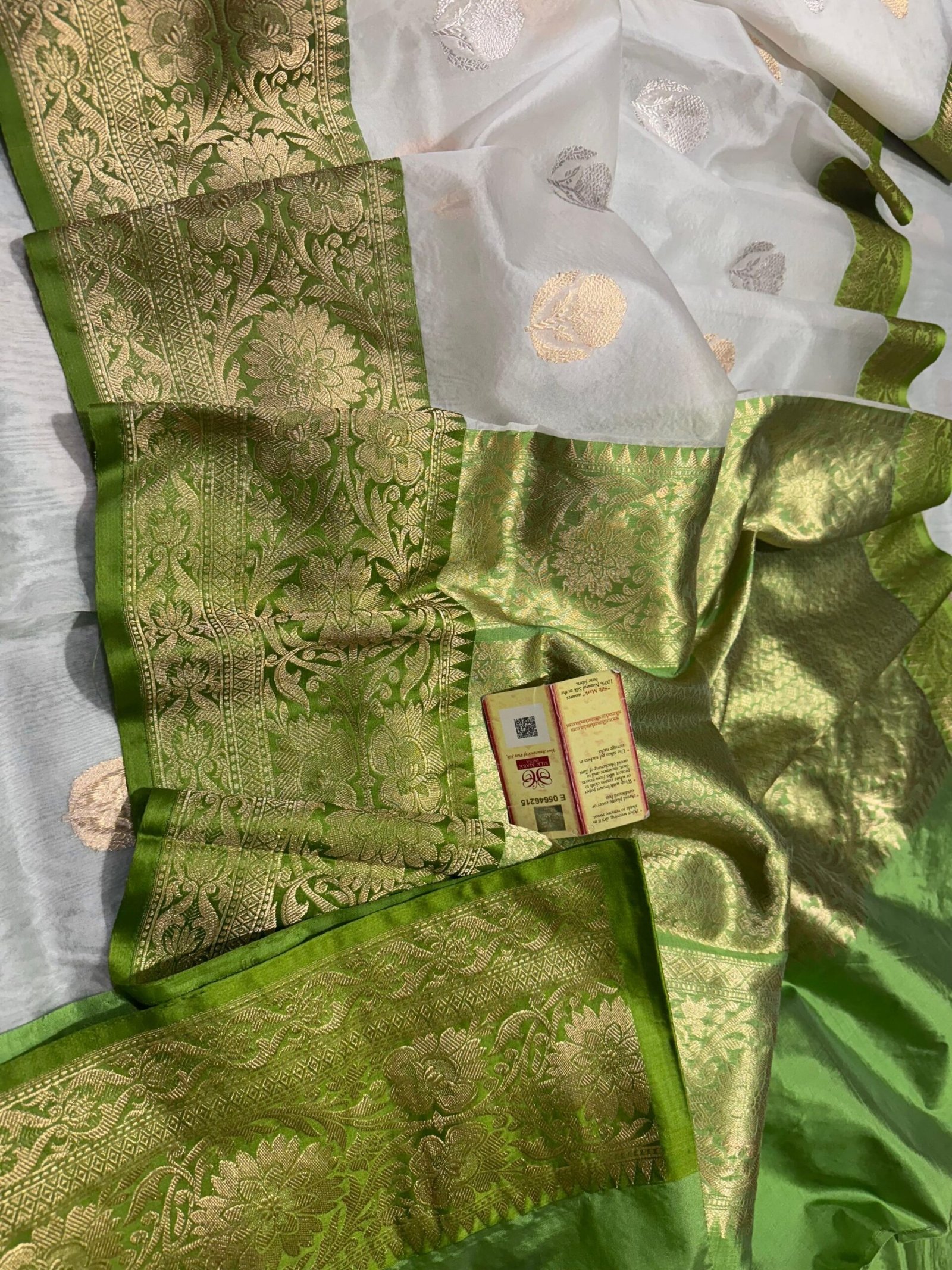 Pearl Grace – White Pure Kora Silk Saree with Green Mashru Border