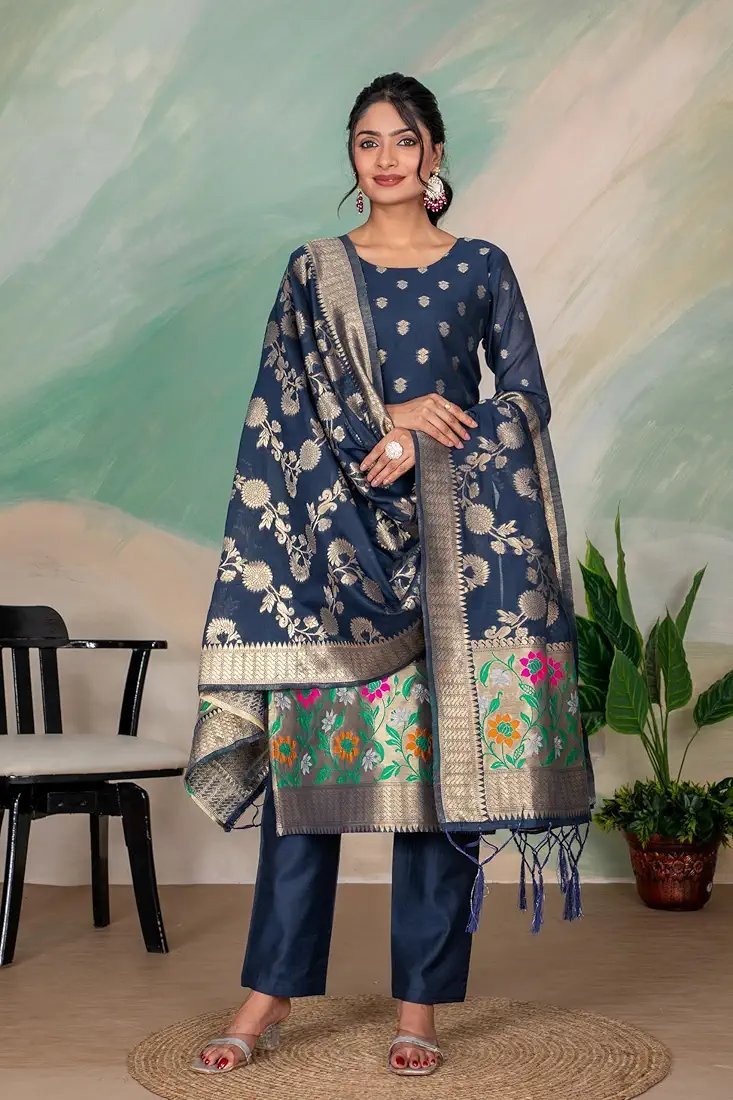 Banarasi Cotton Silk Tilfi Jamdani Dress Material
