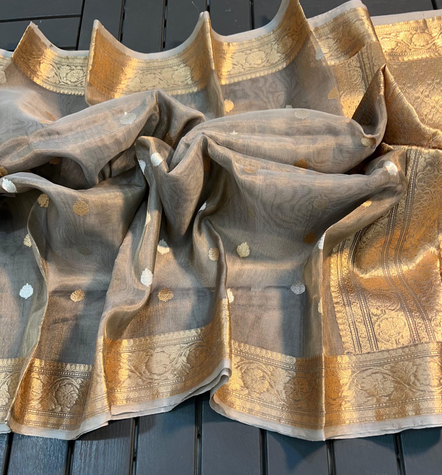 Beige Gold Banarasi Tissue Silk Saree with Kadua Weave