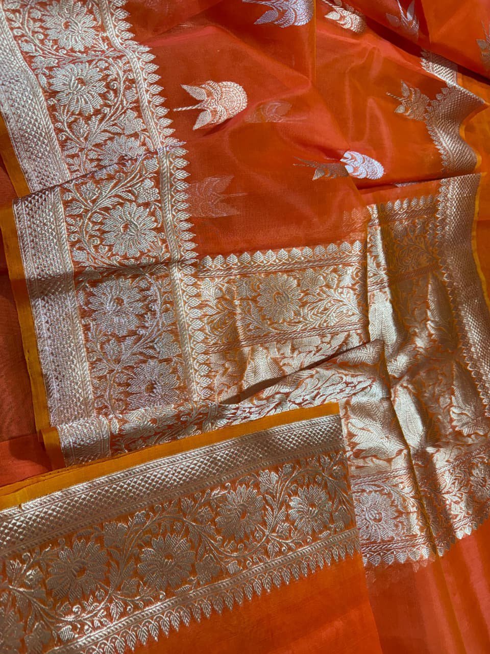 Banarasi Handloom Pure Kora Silk Saree with Mashru Border – Radiant Orange