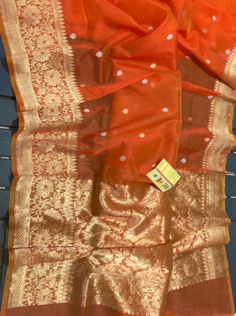 Banarasi Pure Kora Silk Saree with Mashru Border – Classic Orange Glow