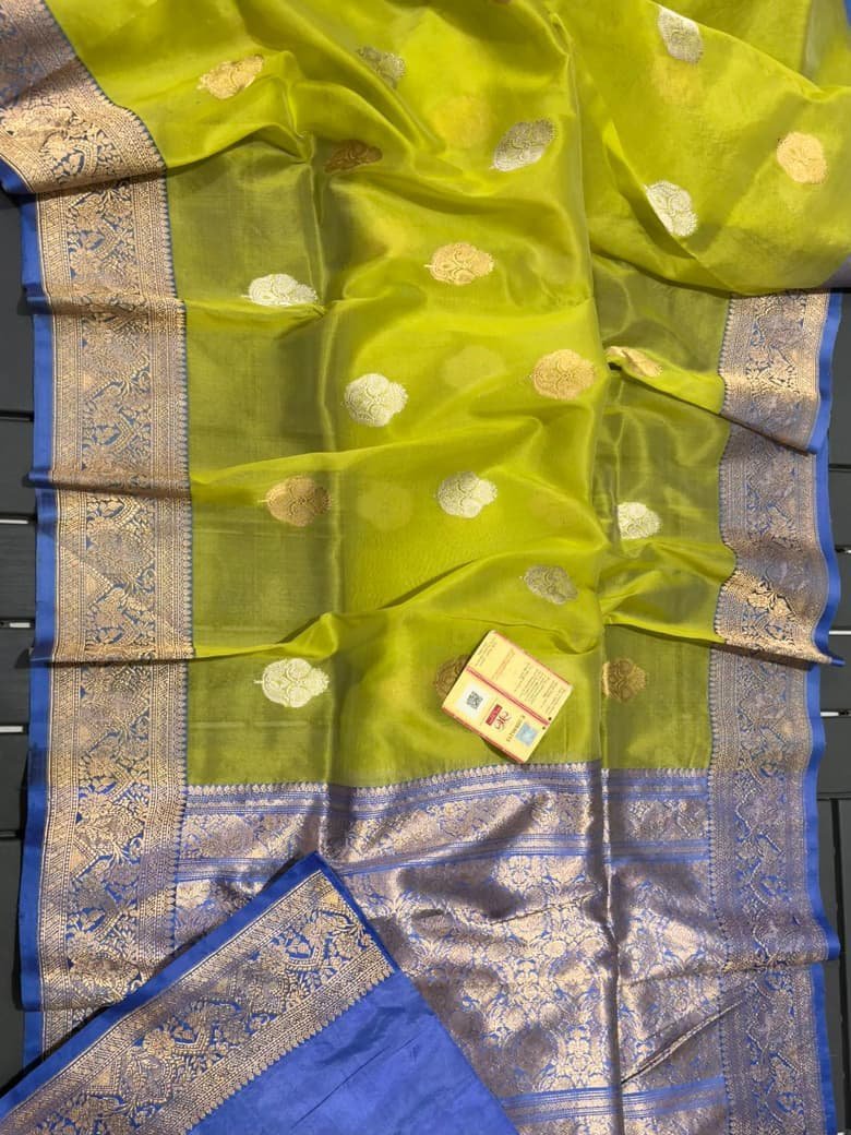 Banarasi Handloom Kora Silk Saree with Mashru Border – Yellow & Royal Blue, Gold Zari Weave