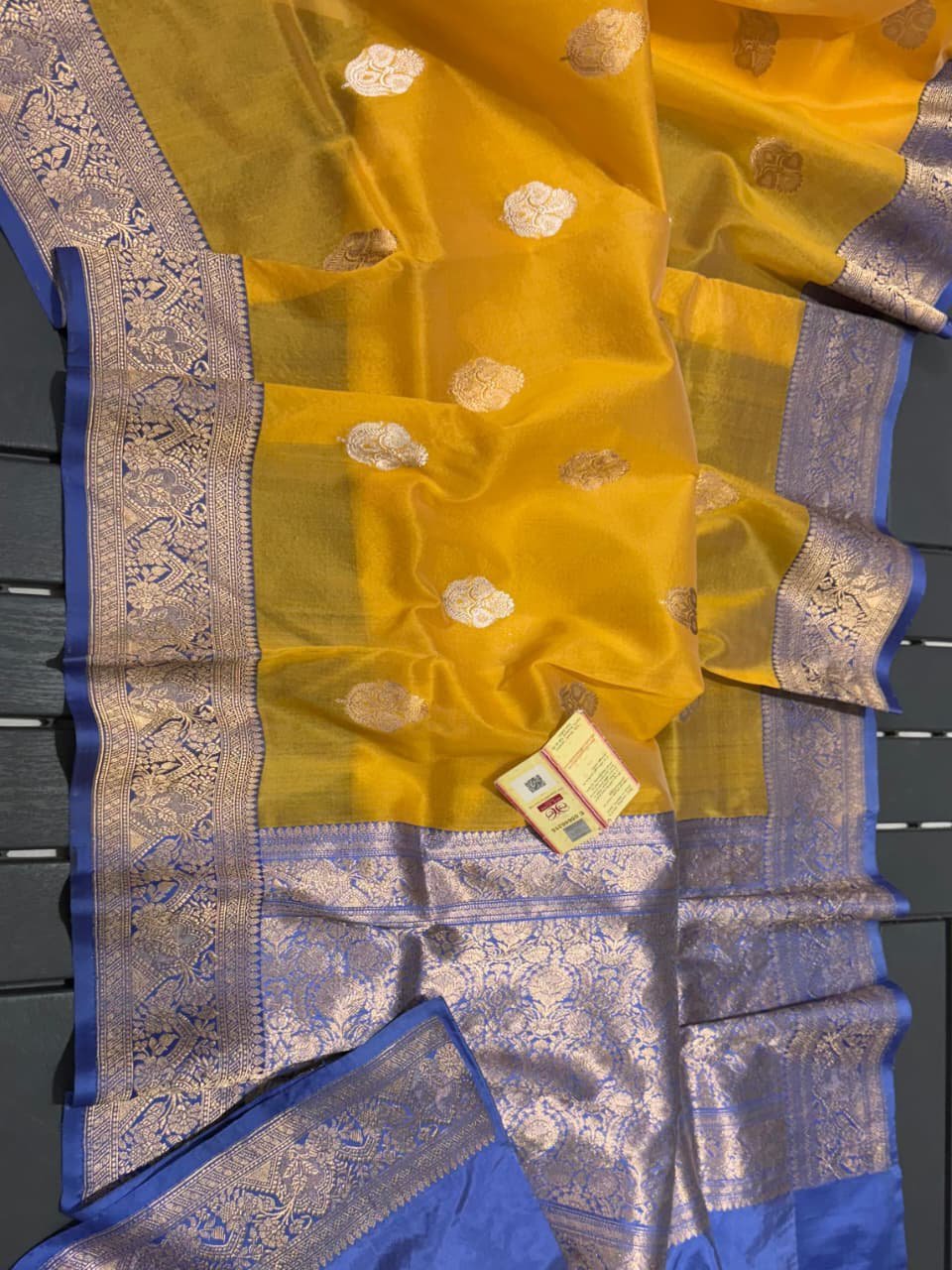 💛 Royal Mustard Banarasi Pure Kora Silk Saree with Blue Mashru Border 💙