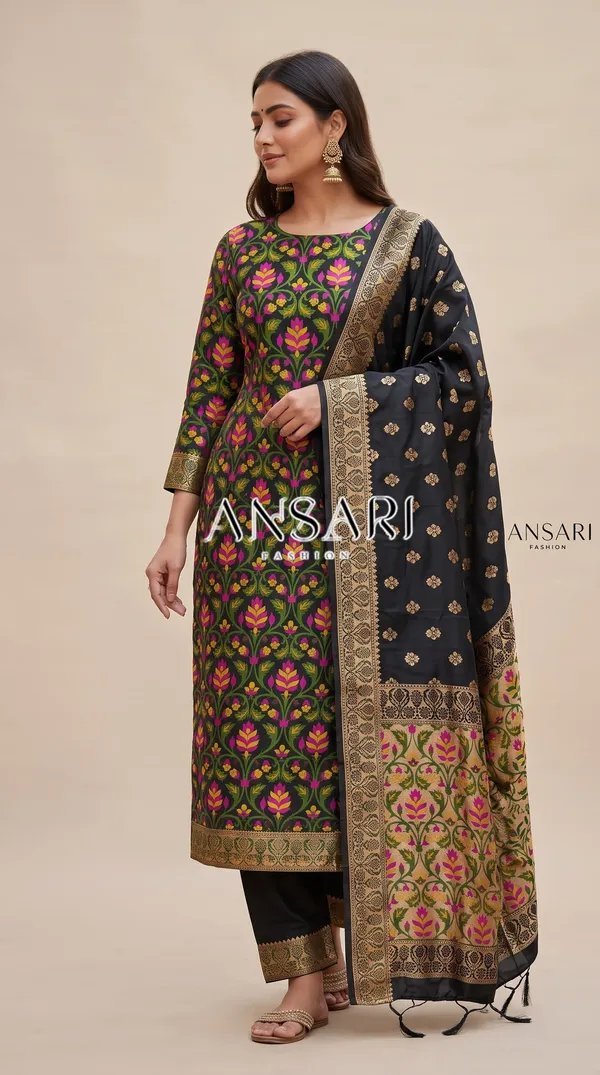Banarasi Silk Meena Weaving Suits Wholesale – Matching Top & Dupatta – 7 Pcs Unstitched Set