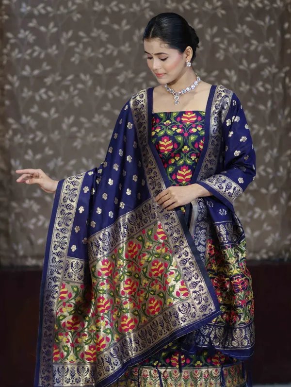 Banarasi Silk Meena Weaving Suits Wholesale – Matching Top & Dupatta – 7 Pcs Unstitched Set