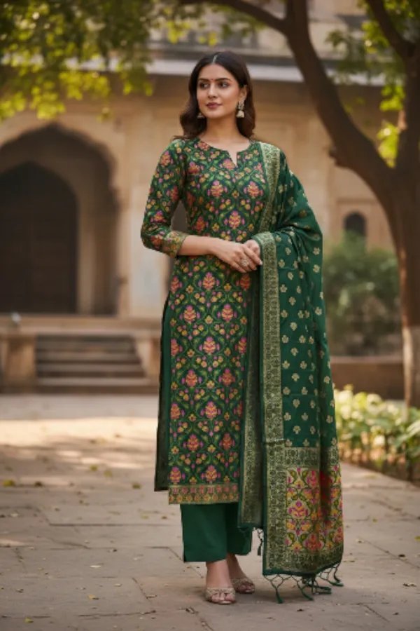 Banarasi Silk Meena Weaving Suits Wholesale – Matching Top & Dupatta – 7 Pcs Unstitched Set