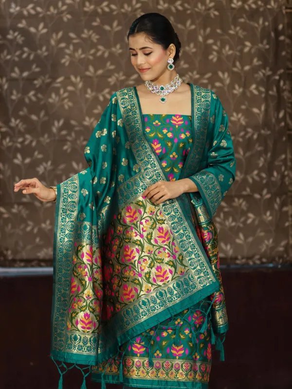 Banarasi Silk Meena Weaving Suits Wholesale – Matching Top & Dupatta – 7 Pcs Unstitched Set