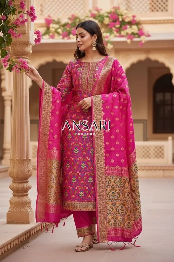 Banarasi Silk Meena Weaving Suits Wholesale – Matching Top & Dupatta – 7 Pcs Unstitched Set