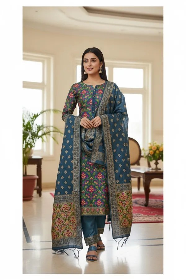 Banarasi Silk Meena Weaving Suits Wholesale – Matching Top & Dupatta – 7 Pcs Unstitched Set