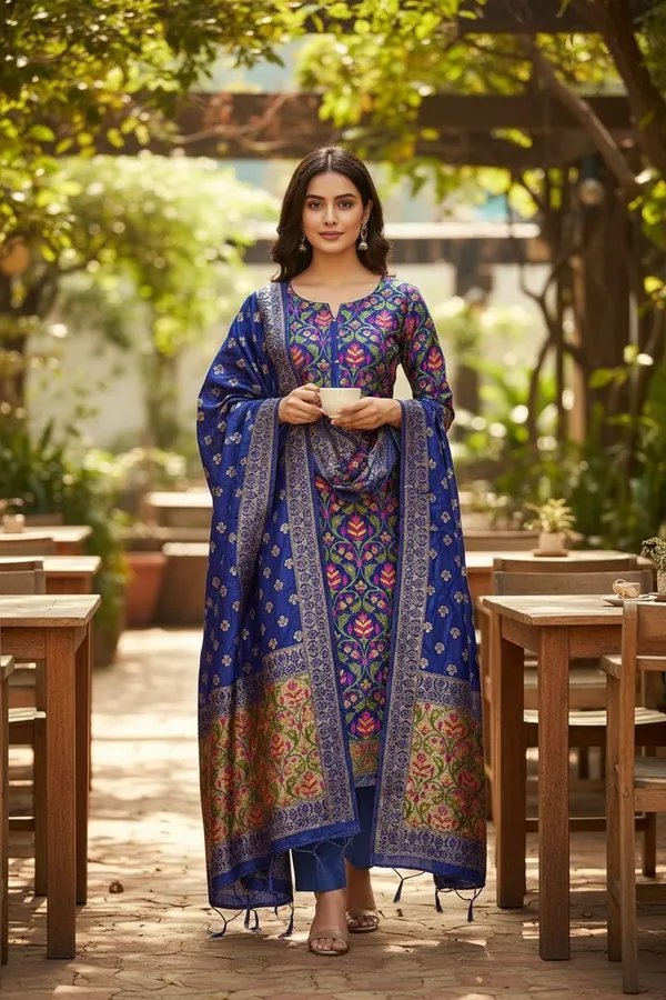 Banarasi Silk Meena Weaving Suits Wholesale – Matching Top & Dupatta – 7 Pcs Unstitched Set