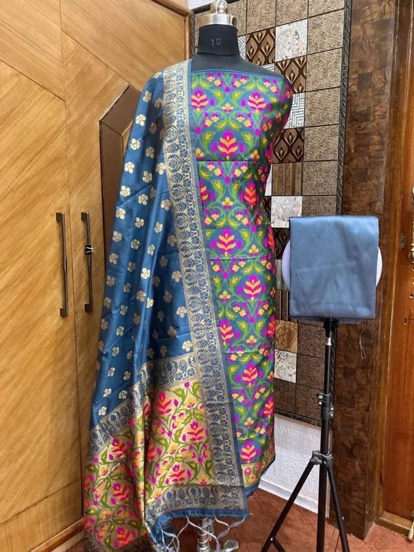 Banarasi Silk Meena Weaving Suits Wholesale – Matching Top & Dupatta – 7 Pcs Unstitched Set