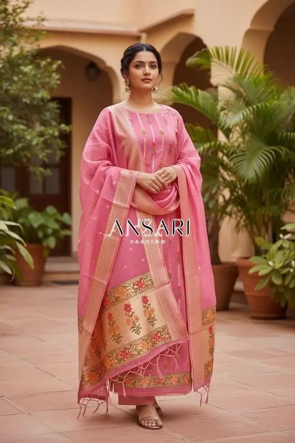 Peach Banarasi Jamdani Tilfi Meena Suit Set 6 Pcs Wholesale – Handwoven Cotton Silk with Floral Zari Dupatta | 6 Pcs Catalogue Peach Banarasi Jamdani Tilfi Meena Suit Set 6 Pcs Wholesale – Handwoven Cotton Silk with Floral Zari Dupatta | 6 Pcs Catalogue - Image 4