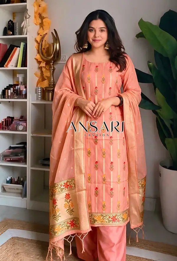Peach Banarasi Jamdani Tilfi Meena Suit Set 6 Pcs Wholesale – Handwoven Cotton Silk with Floral Zari Dupatta | 6 Pcs Catalogue Peach Banarasi Jamdani Tilfi Meena Suit Set 6 Pcs Wholesale – Handwoven Cotton Silk with Floral Zari Dupatta | 6 Pcs Catalogue - Image 2