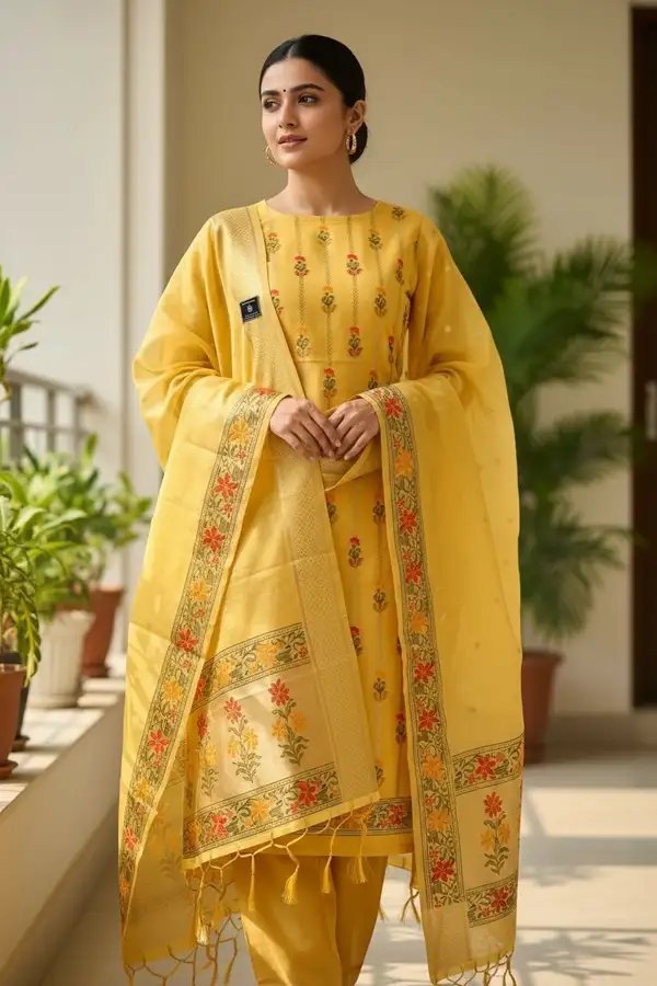 Peach Banarasi Jamdani Tilfi Meena Suit Set 6 Pcs Wholesale – Handwoven Cotton Silk with Floral Zari Dupatta | 6 Pcs Catalogue Peach Banarasi Jamdani Tilfi Meena Suit Set 6 Pcs Wholesale – Handwoven Cotton Silk with Floral Zari Dupatta | 6 Pcs Catalogue - Image 3