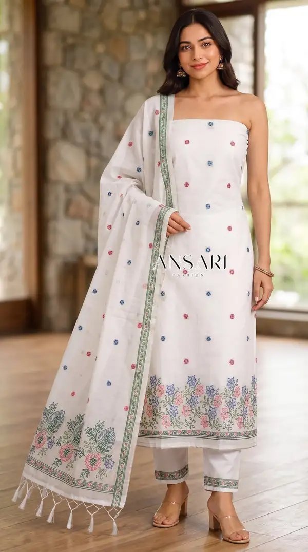 Banarasi Jamdani Cotton Suits Wholesale – Floral Border & Buti Design | Design No. 120 | 5 Pcs Catalogue - Image 7