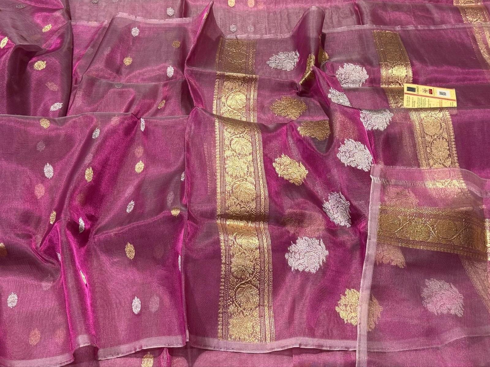 Banarasi Handloom Silk Tissue Saree in Rani Pink