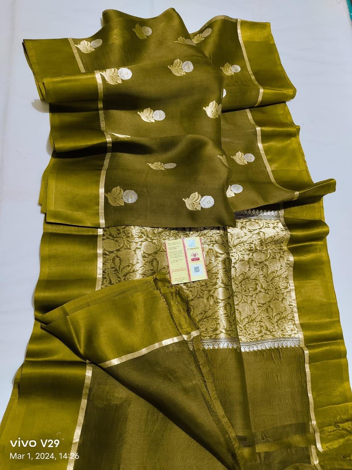 Olive Glam Pure Kora Organza Saree – A Statement in Subtle Luxury