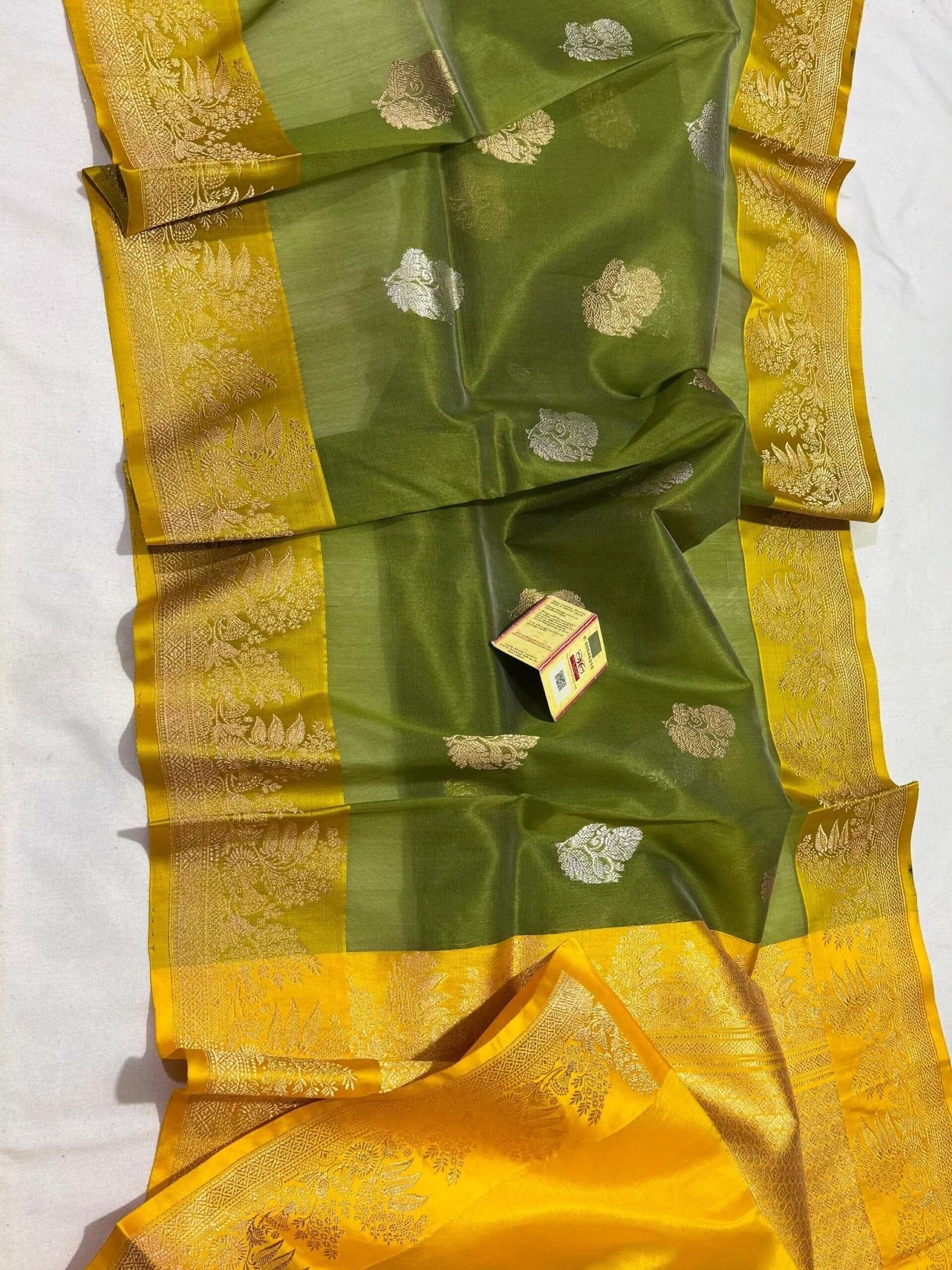 Royal Radiance – Pure Kora Silk Saree in Olive Green & Golden Yellow