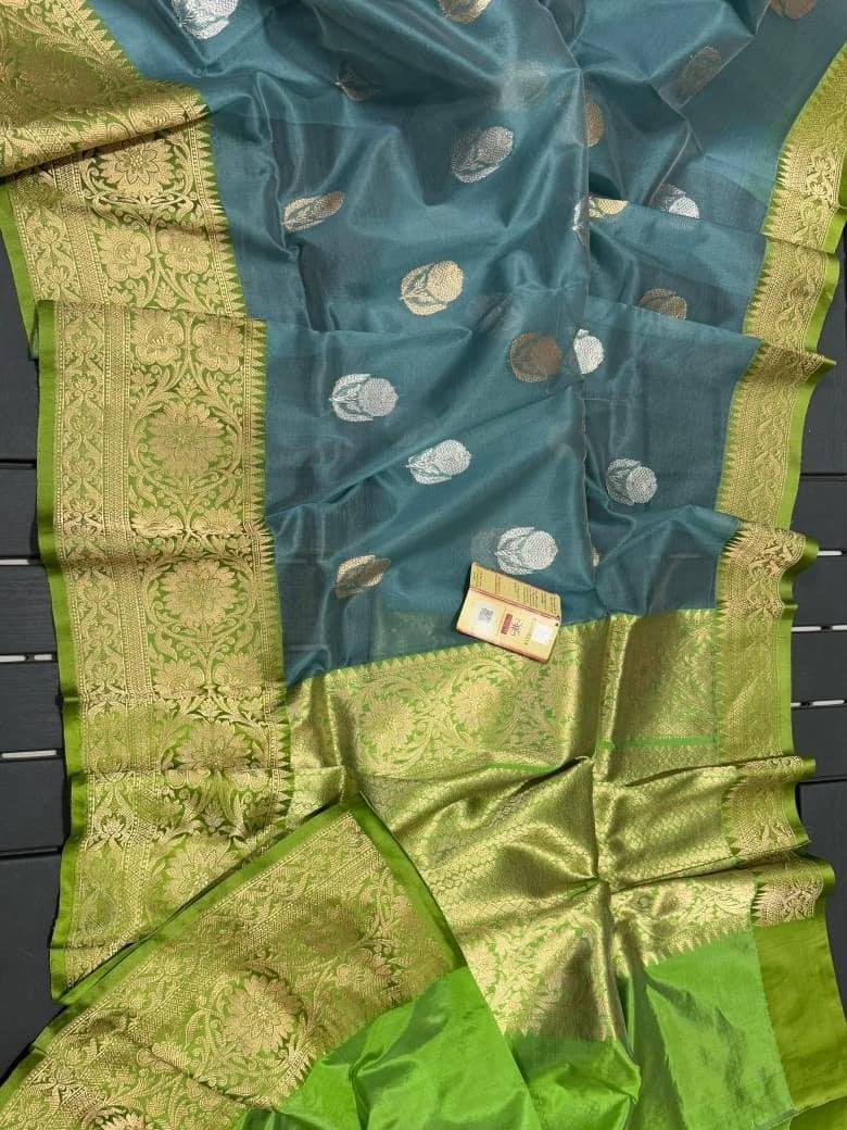 Handloom Banarasi Kora Silk Saree with Mashru Border – Teal & Green, Pure Zari Weave