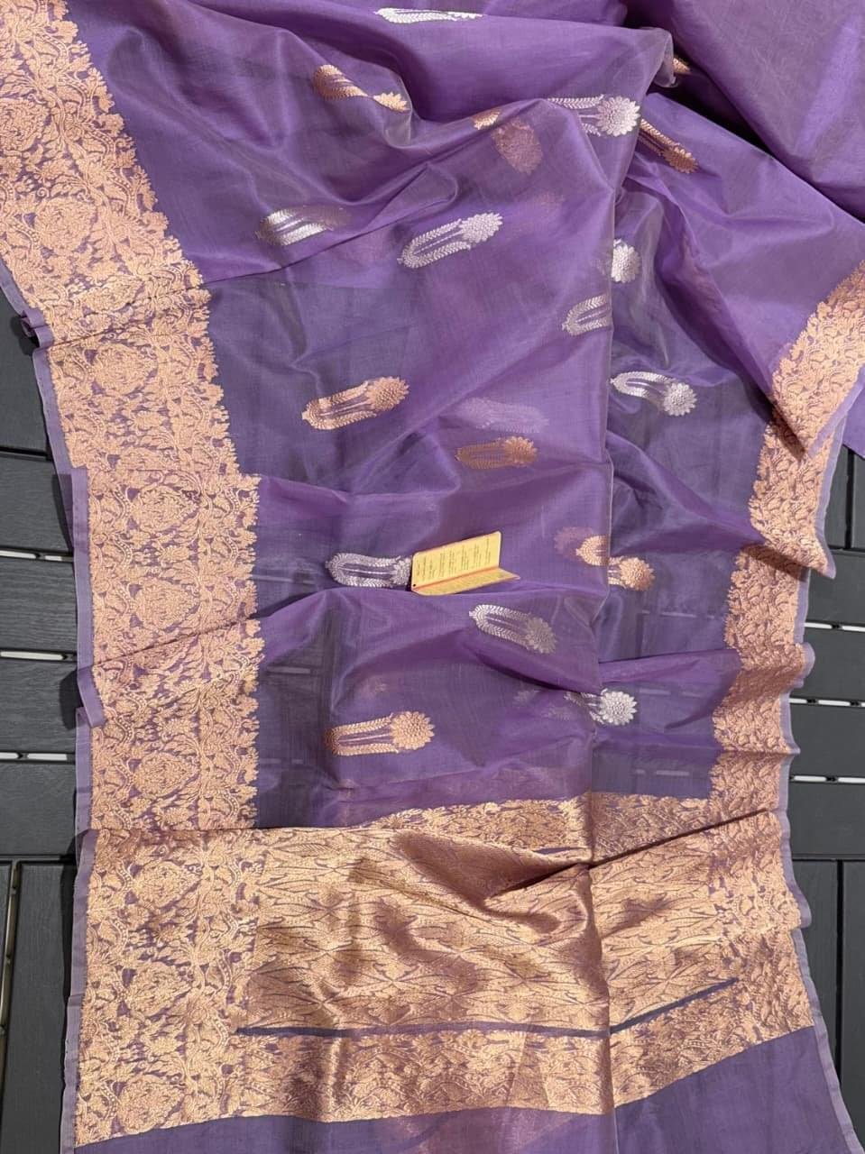 Handloom Banarasi Kora Silk Saree with Mashru Border – Purple & Gold Zari Weave