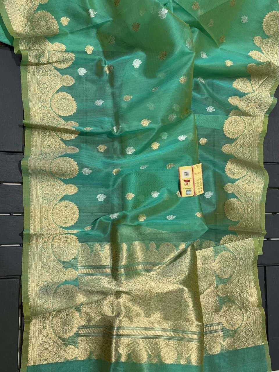 Banarasi Handloom Pure Kora Silk Saree with Mashru Border – Emerald Green, Gold Zari Weave
