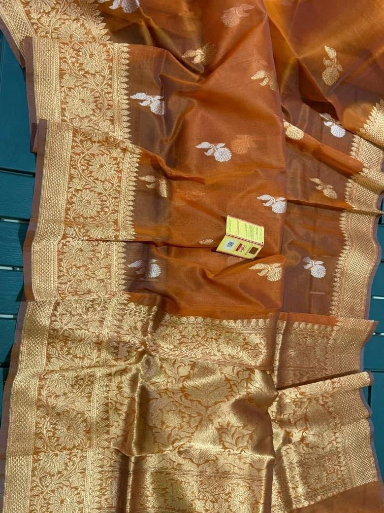 Banarasi Handloom Pure Kora Silk Saree with Mashru Border – Rust Orange, Gold Zari Buta