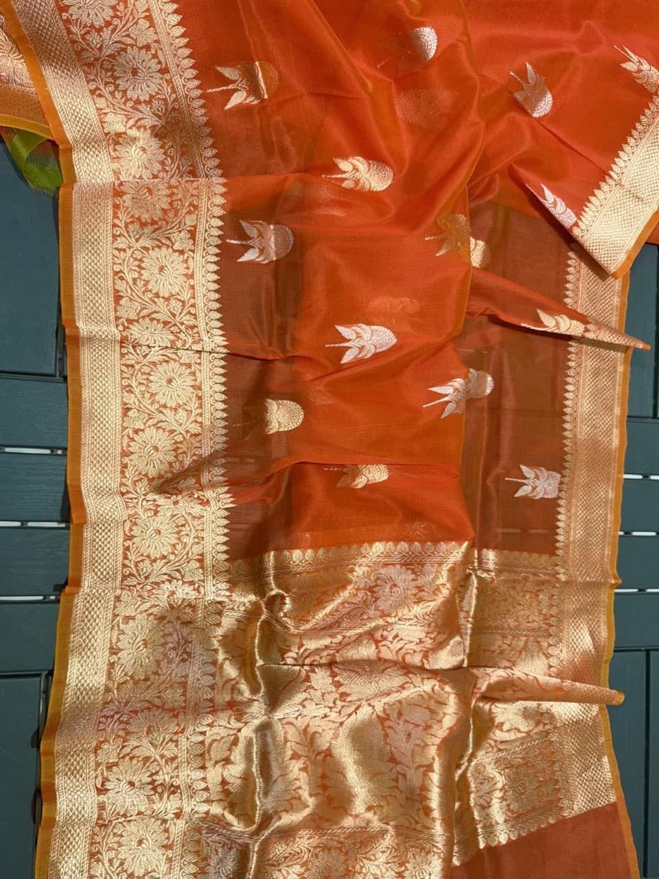 Banarasi Pure Kora Silk Saree with Mashru Border – Bright Orange, Gold Zari Weave