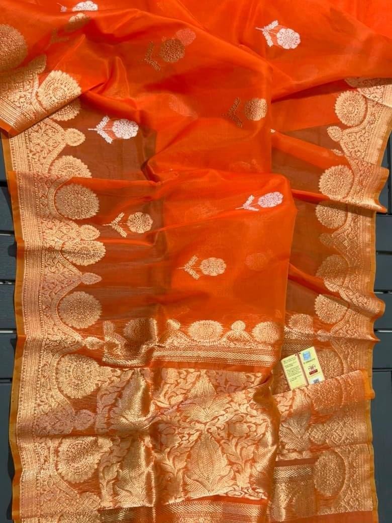 Banarasi Handloom Pure Kora Silk Saree with Mashru Border – Vibrant Orange